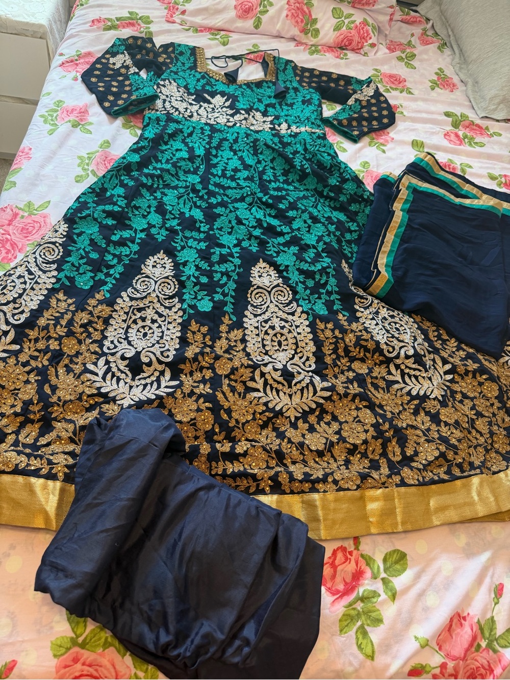 Embroidered Navy & Teal Women’s Anarkali Dress